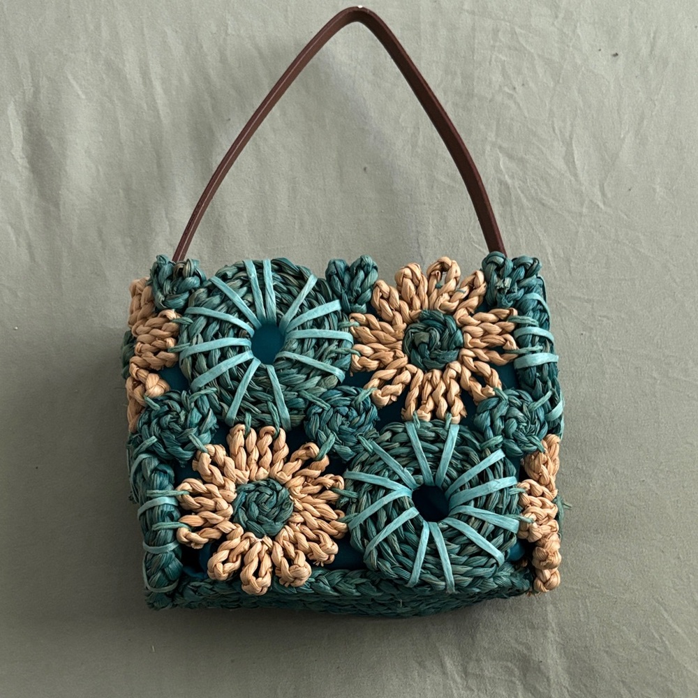 Handcrafted Floral Woven Bag - Teal and Beige